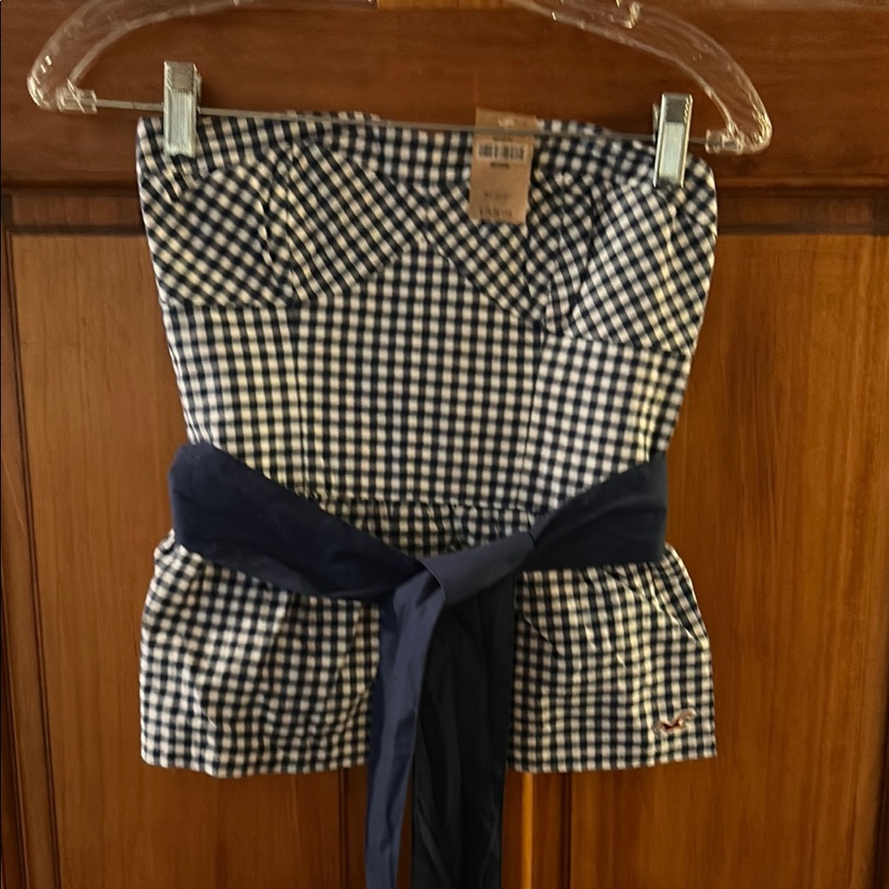 Gingham Strapless Top with Navy Sash